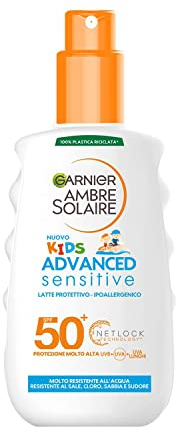 Garnier Ambre Solaire Sonnenschutzspray für Kinder, Advanced Sensitive Kids, resistent gegen Wasser, Salz und Chlor, hypoallergen, mit sehr hohem Schutz, 200 ml