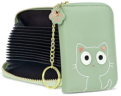 conisy Kartenetui Damen Leder,Süße Kreditkartenetui mit RFID Schutz,Klein Reißverschluss Kartenhalter Geldbörse mit Schlüsselanhänger (Grün Katze)