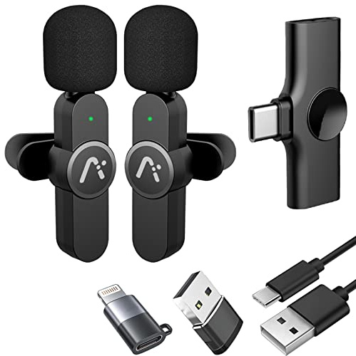 Aisizon - Micrófonos inalámbricos con clip, micrófono de solapa A2d, un par de dos, para teléfono Android, iPhone 15, portátil, grabación de video