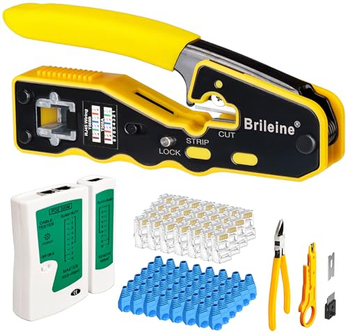 Brileine Kit de sertissage RJ45, outil de sertissage Ethernet avec testeur de câble réseau, 50 connecteurs CAT6, 50 bottes RJ45, mini pince à dénuder, pince coupante