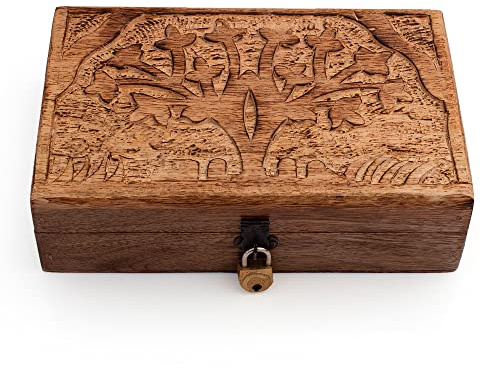 Tolles Geburtstagsgeschenk, handgefertigt, dekorative Holz-Schmuckschatulle, Baum des Lebens, Schnitzerei, Schmuck-Organizer, Andenkenbox, Schatztruhe, Aufbewahrungsschloss, Einweihungsgeschenke
