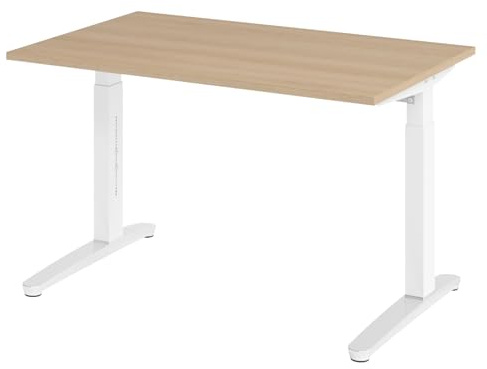 bümö manuell höhenverstellbarer Schreibtisch 120x80 in Eiche, Gestell in weiß/alu - PC Tisch höhenverstellbar & klein, höhenverstellbarer Tisch Büro, Kleiner Computertisch verstellbar