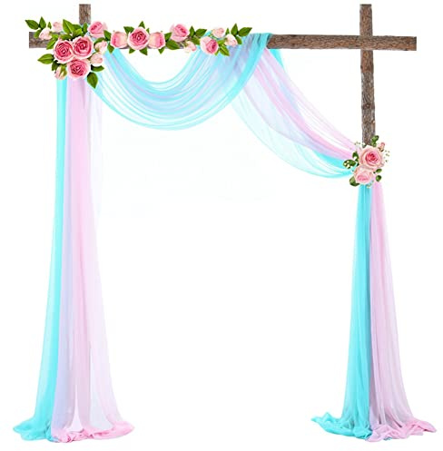 SHTGOI 2 Stück Hochzeitsbogen Vorhang Hochzeit Bogenvorhäng Tüll Drapierstoff Traubogen Querbehang Gardine Hochzeitsdekoration Hintergrund Gaze Vorhänge für Fotografie 75 * 600cm Rosa+Himmelblau