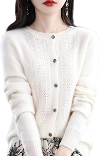MOGSA Cardigan chandails printemps et automne, cardigan en laine ajourée pour femmes, haut à col rond en cachemire, pull tricoté sans couture, chemise extérieure-tour blanc chaud, XXL