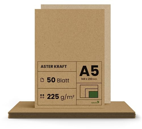 Netuno 50x Kraftpapier 225g DIN A5 148 x 210 mm Aster Kraft Kartonpapier Bastelpapier Vintage Recycling Kraftkarton Karten zum Basteln Beschriften Bedrucken Natur-Papier Kraftpapier selber gestalten