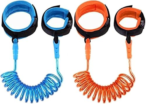 MOTTDAM 2 pulseras antipérdida, 1,5 m, correa de seguridad para bebé, correa de mano, correa de alambre para niños pequeños (azul + naranja)