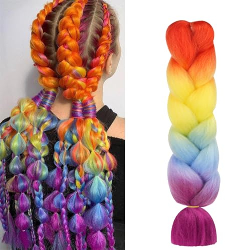 Aomig Extensiones para Trenzas, 24 Pelo Sintetico Trenzas de Pelo Trenzas Africanas Extensiones, Color Degradado Trenza Postizas Sintético para Cabello Trenzado Torcido, Morado/Azul/Amarillo/Naranja