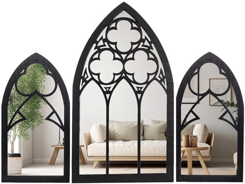 BULICADO Gothic Mirrors Wall Decor - 3 Piece Set 15.8 Inch Gothic Furniture Cathedral Mirrors - Halloween Decor for Bathroom and Kitchen - Goth Accessories for Bedroom - Witchy Gifts for Women