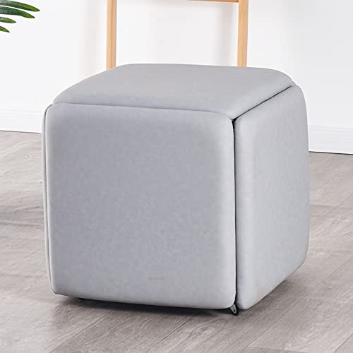 CIRONI Moderner Ottomane aus Leder, quadratisch mit Rollen, 5-in-1-Sitzwürfel, stapelbarer Kombinations-Fußhocker für Wohnzimmer, Schlafzimmer, Eingangsbereich, Flur, Grau, 35 x 35 x 35 cm (14 x 14