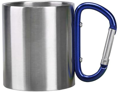 MiOYOOW Taza de mosquetón de acero inoxidable, taza de camping de doble pared, taza de metal portátil con mango de mosquetón para acampar al aire libre, viajes, montañismo (300 ml