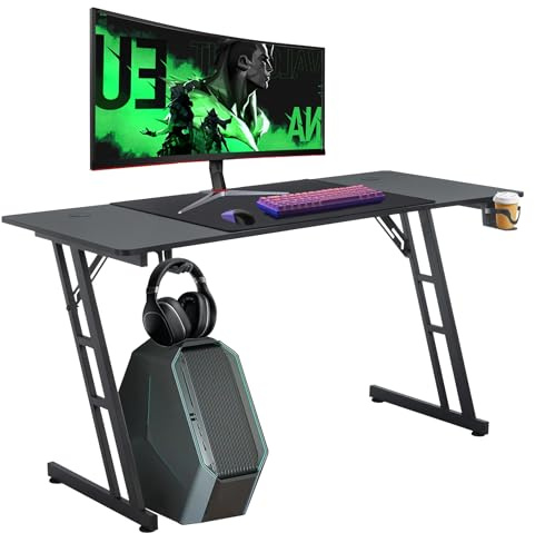 FIVMEN Schreibtisch Gaming Tisch 120x60cm Höhenverstellbar Gamingtisch mit Kabelloch & Kopfhörerständer & Tassenhalter, Kohlefaserplatte Ergonomischer PC Computertisch