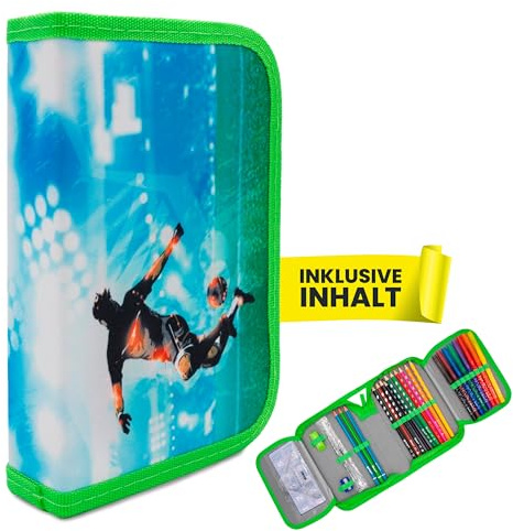 itenga Schüler-Etui 28 teilig gefüllt 1-Zipper Federmäppchen für Jungen und Mädchen (Fussball)