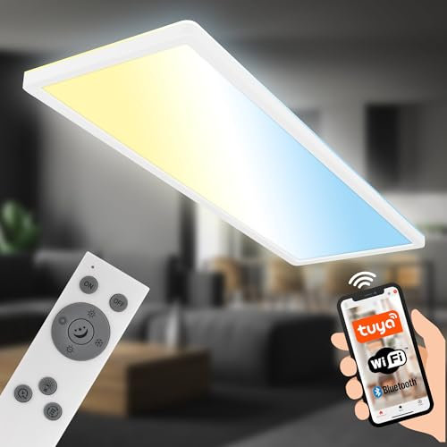 BRILONER - LED Deckenlampe flach Smart Home, App- Sprachsteuerung, dimmbar, CCT, Lampe, Deckenleuchte, Wohnzimmerlampe, LED Panel, Küchenlampe, Schlafzimmerlampe, 58x20x3 cm, Weiß