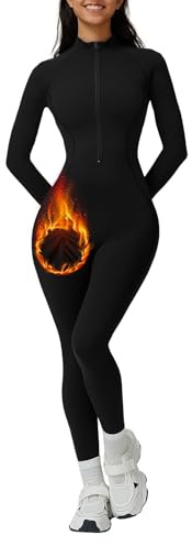 Vertvie Thermo Jumpsuit Damen Winter Langarm Eng Reißverschluss Sport Einteiler Warm Gefütterte Ganzkörperanzug Stretch Yoga Overall Slim Fit Bodysuit(Schwarz,S)