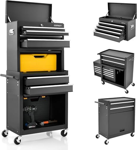 FANTASK 2 in 1 Werkstattwagen 61,5 x 33 x 132 cm, Werkzeugwagen Abschließbar inkl. Koffer & 9 Fächer & Haken, Profi Werkstatt-Wagen Metall auf Rädern ohne Werkzeug Schwarz und Rot