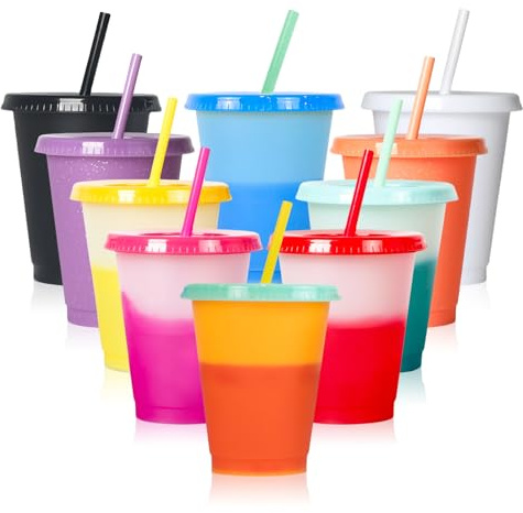 BORDEAG 10 stycken återanvändbara plastmuggar, 473 ml färgskiftande koppar, återanvändbara plastmuggar med lock och sugrör för kaffe, smoothie, juice