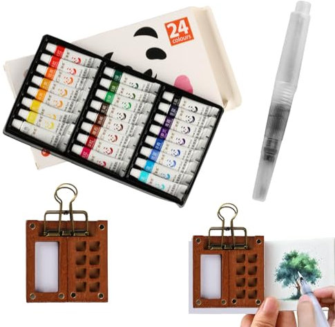 1 SetTavolozza Acquerelli Portatile, Mini Tavolozza Acquerellio Set, Mini Acquerelli di Pittura ad Acquerello in LegnoTavolozza da Viaggio per Guazzo Vernice, Regali per Artisti