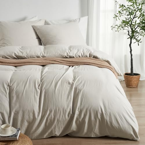 Duvetnova Ropa de Cama 240x220 cm Beige, Microfibra ultrasuave prelavada Tipo algodón, Oeko-Tex – 1 Funda nórdica 220x240 + 2 Fundas Almohada 80x80, Cremallera, Lino, Verano, Moderna.