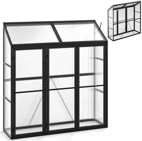 COSTWAY 180 x 52cm Polycarbonate Greenhouse, Walk-in Greenhouse with Lockable Doors & Adjustable Roof Vents, Heavy Duty Aluminum Garden Plants Grow House, Back Panel Excluded