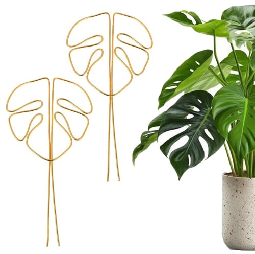 HhBdy Monstera - Supporto per piante da appartamento, 2 pezzi, in alluminio, design unico a foglia, supporto multiuso per Alocasia e Monstera, colore: oro