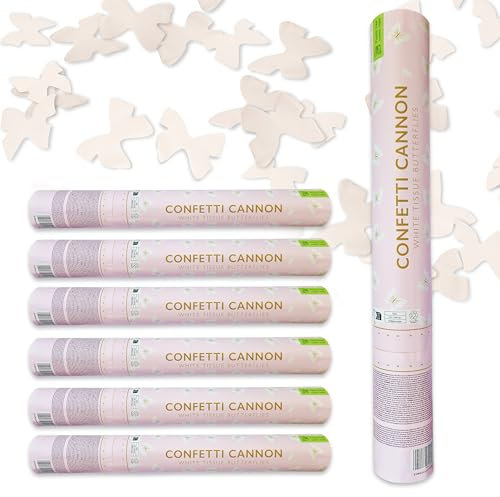 Decoraparty 6 Sparacoriandoli a Farfalle Bianche, Tubo Cannone Lancia Coriandoli da 40 cm per Festa Matrimonio, Compleanno, Nozze, Sposi, Party Elegante Tema (Set 6 pz)