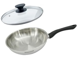 Fackelmann 9441650 Lot de poêles 24 cm en acier inoxydable 18/8 et couvercle en verre pour tous les types de feux, à induction, poêle sans PFAS, acier inoxydable 18/8, verre, 24 cm