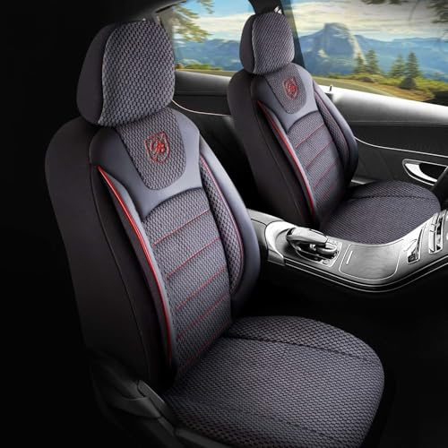 GIOVANNI BUTTI Coprisedili universali per auto e SUV - Coprisedili anteriori premium per auto realizzati in tessuto intrecciato, Nero/Rosso, Coprisedile compatibile con airbag, Coprisedile per auto