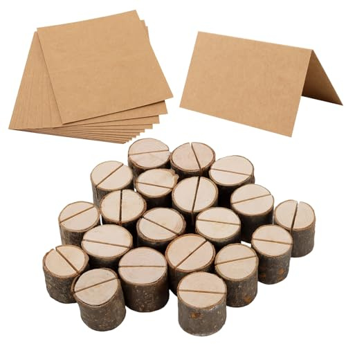 SYUTBOU 80 Stück Holz Tischkartenhalter mit 80 Stück Karte, 3,7 x 3,1cm Kartenhalter Holz mit Kraftpapier, Postkartenhalter Menükartenhalter für Hochzeit, Deko