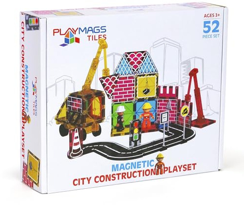Playmags 52-Delars Magnetiska Byggplattor För Stadsbyggnation, Byggklossar Med Kran- Och Vägbitar, Pedagogiska STEM-Leksaker För Pojkar Och Flickor Från 3 År