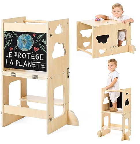 KYWAI® Torre montessoriana bambini – Torretta montessoriana pieghevole 3 in 1 Premium: convertibile in scrivania con lavagna, legno FSC, azienda sostenibile impegnata nella riforestazione, per bambini