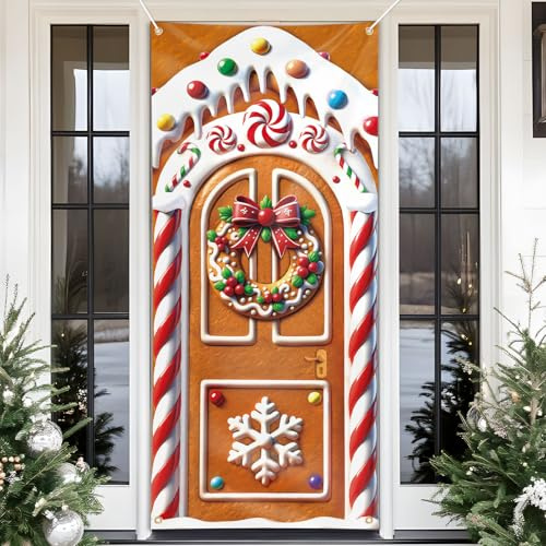 GEBETTER Decorazione Natalizie per Porta, Copertura Porta Pan di Zenzero Copriporta Natalizio, Addobbi Porta d’Ingresso Natale, Door Cover Christmas Sfondo Banner Casa (Pan di Zenzero)