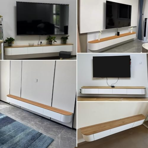 Étagère TV flottante moderne blanche avec tiroirs, gestion des câbles, meuble TV de 220 cm, meuble TV pour salon, solution élégante pour meubles de maison