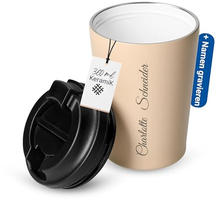 Personalisierter Kaffeebecher to go 360ml - Edelstahl außen Keramik innen | Coffee to go, doppelwandig, hält lange warm, Büro, Auto, Reise, spülmaschinengeeignet, Trinkbecher