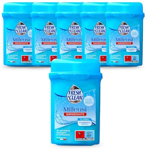 Fresh & Clean Milleusi Igienizzante Classic – 6 Confezioni x 40 Salviettine | Formula Extra Fresca con Minerali Termali | Salviette Detergenti e Rinfrescanti Made in Italy