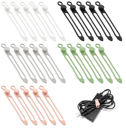25 Pcs Reusable Silicone Cable Ties - Flexible Cable Organiser Clips for Home Office & Travel - Anti-Lost Wire Tidy Straps for USB Charging Cords, Earphones, Phone Chargers (5 Colors)
