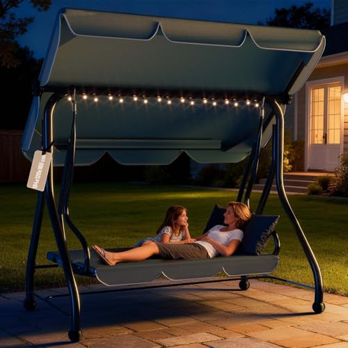 Soontrans Hollywoodschaukel mit Liegefunktion 3-Sitzer zum Entspannen für Terrasse Garten, 184 x 120 x 160 cm, 2-in-1 Gartenschaukel und Gartenliege mit Polsterauflage & Sonnendach & Sitzkissen (Grau)