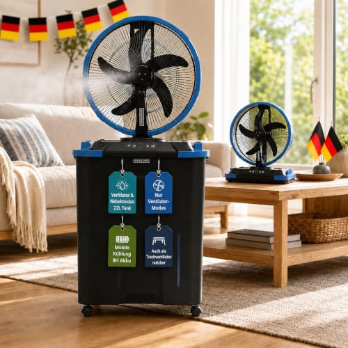 Olsen & Smith 16in Portable Cordless Cooling Misting Fan, Rechargeable | Fine Water Mist, Oscillating, Floor Standing & Table, Wheels, Remote, Indoor Outdoor Home Bedroom Office & Garden, Blue