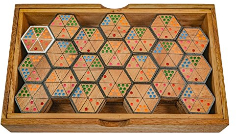 LOGOPLAY Hexadomino - Hexamino - Sechseck-Domino - Legespiel - Gesellschaftsspiel aus Holz mit 63 Spielsteinen