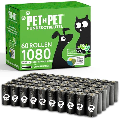 PET N PET Hundekotbeutel und Abfallbeutel USDA-zertifiziert 41% biobasierte Kotbeutel für Hunde 1080 Anzahl 60 Rollen 9x13 Zoll Hundekotbeutel, unparfümierte Kotbeutel