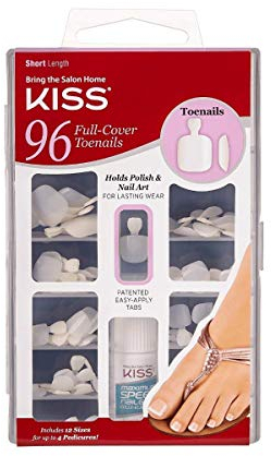 KISS 96 Full Cover Toenails Kit, Long Lasting Fake Nails, DIY Home Manicure Set with Pink Gel Nail Glue 3 g / 0.11 oz. and 96 Fake Toenails in 12 Sizes for up to 4 pedicures