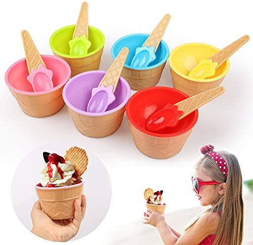 Yisscen Ciotole per Gelato Colorate 6 Pezzi Lmpilabile Plastica Ciotola da Dessert Ciotola Gelato macedonia Riutilizzabile Coppa Gelato Bambini con Cucchiaio Cartoni animati Ice Cream Bowl