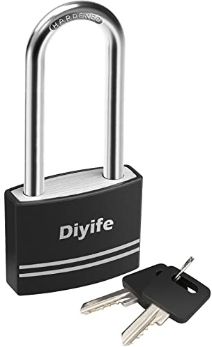 Padlock with Key, [2 Keys] Diyife Aluminum 40mm Long Shackle Padlocks, Anti-Rust Key Padlocks Outdoor Weatherproof Lock, Locker Padlocks for School, Gym Locker, Fence, Gate, Garage, Shed (Black)