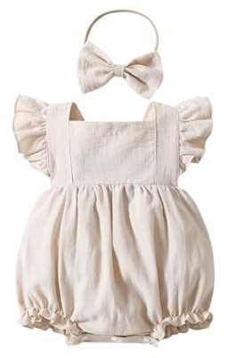 Yanmucy Ropa Bebe Niña Algodón Verano Nacido Niño Mono de Volantes Recien Nacido Sin Espalda Body con Cinta de Pelo Verano Bebé Mono Trajes 0-18 Meses (Beige, 0-3 meses)