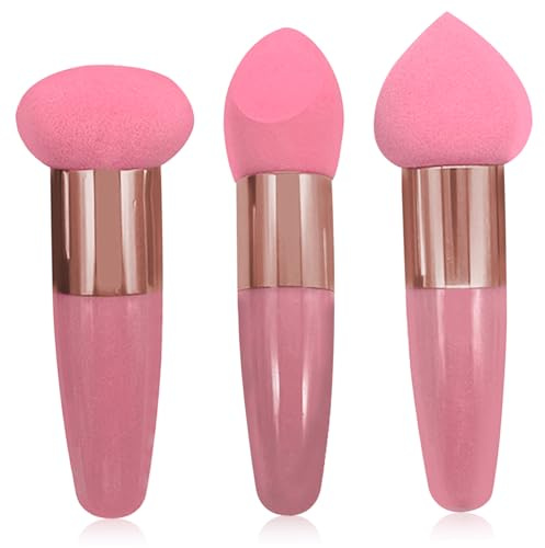 3 st applikator, 3 stilar våt och torr stor makeupsvamp med handtag, mjuk elastisk blandning svamp för smink stora makeupborstar och svampar sminksvampar för