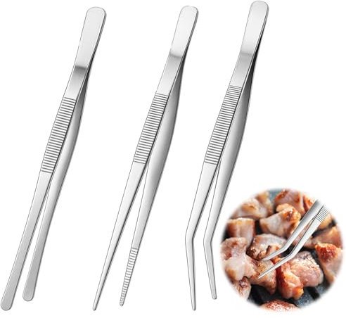 Hpmjz 3Pcs 8-Inch Kitchen Cooking Tweezers Stainless Steel Tweezer Precision Tongs Offset Tip Kitchens Fine Tweezer Tongs Professional Kitchen Long Tweezers for Cooking Repairing Sea Food and BBQ