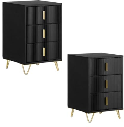 SoBuy 2er Set Nachttisch mit 3 Schubladen 40x40x63cm Schlafzimmer | Ergonomische Höhe 63 cm, stabiler Nachtschrank für kleine Räume, moderner Beistelltisch, Schwarz FBT115-L-SCHx2