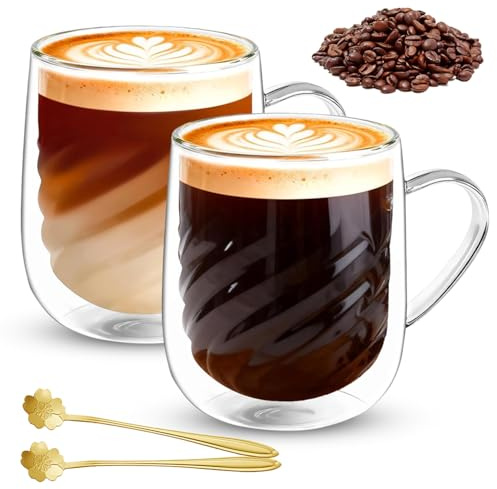 Dubbelväggiga kaffeglas 350 ml, 2 stycken latte macchiato-glas med handtag och skedar, cappuccinoglas av borosilikatglas för varma drycker, iskaffe, espresso, te, mjölk, öl (2 x 350 ml + 2 skedar)