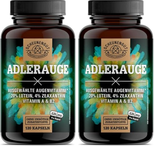ADLERAUGE® Augenvitamine Hochdosiert -WICHTIG: Laborgeprüfter Markenkomplex mit Lutein, Zeaxanthin, Heidelbeer-Extrakt, Beta-Carotin, Vitamin A+B uvm. 120Stk DE SCHEUNENGUT® (Packung mit 2)