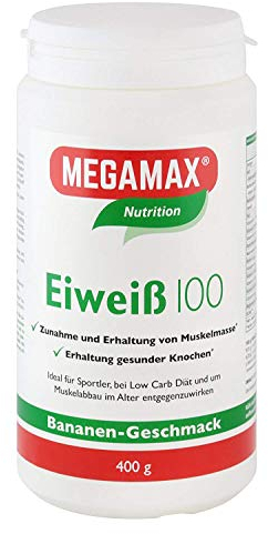 Megamax Eiweiss Banane 400 g | Molkenprotein + Milcheiweiß Für Muskelaufbau ,Diaet | 2k-Eiweiss ideal zum Backen | Shaker für Kraftsport und Fitness- Ideal bei Aufbau und Erhalt von Muskelmasse