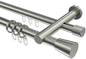 Interdeco Gardinenstangen mit Rundrohr/Innenlauf Edelstahl Optik 20 mm Ø zweiläufig Platon Sitra, 240 cm